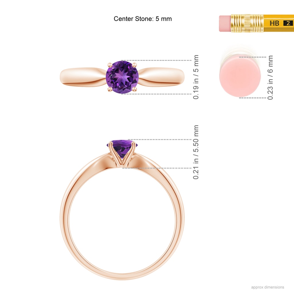 5mm AAAA Solitaire Round Amethyst Tapered Shank Ring in Rose Gold Ruler