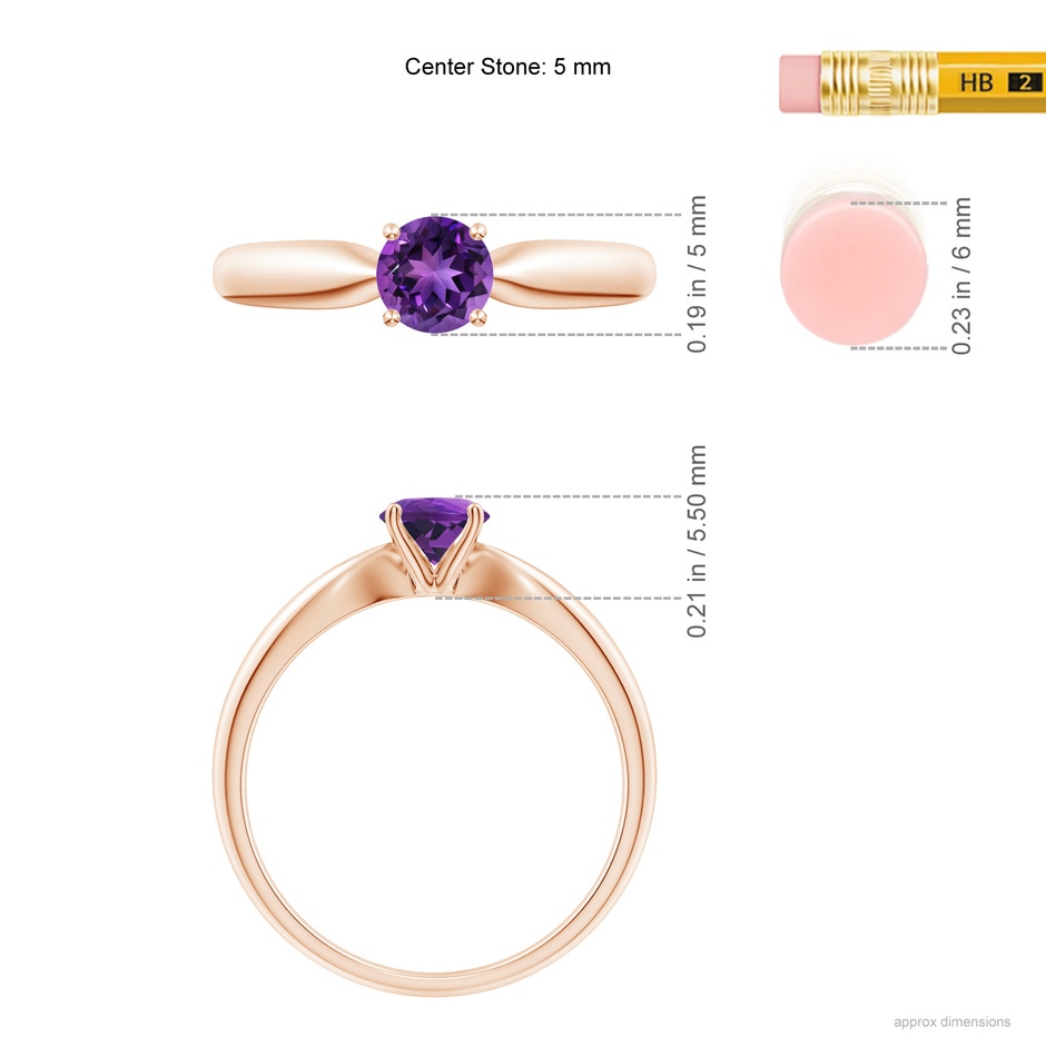 5mm AAAA Solitaire Round Amethyst Tapered Shank Ring in Rose Gold ruler