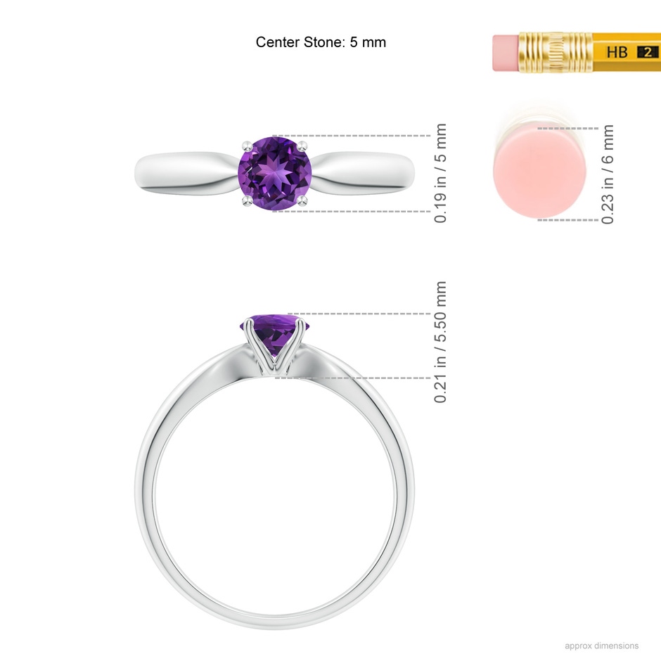 5mm AAAA Solitaire Round Amethyst Tapered Shank Ring in White Gold ruler