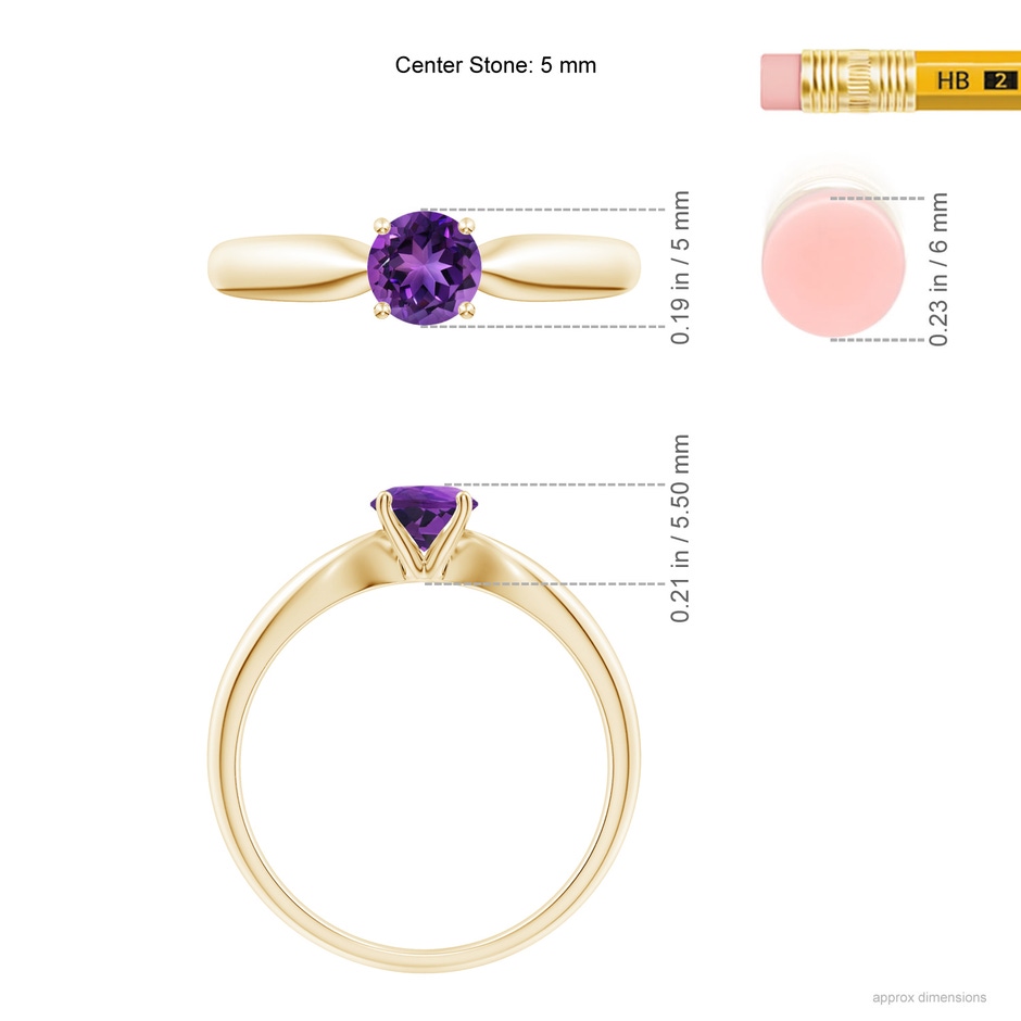 5mm AAAA Solitaire Round Amethyst Tapered Shank Ring in Yellow Gold ruler