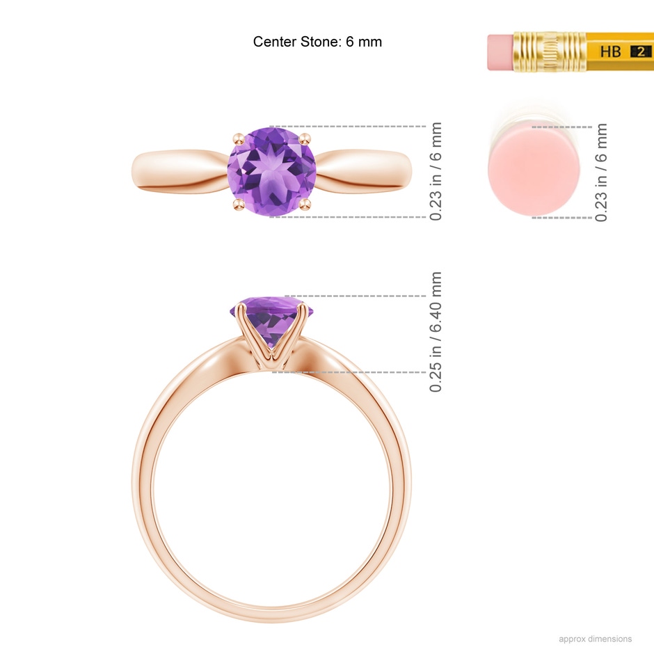 6mm A Solitaire Round Amethyst Tapered Shank Ring in Rose Gold ruler