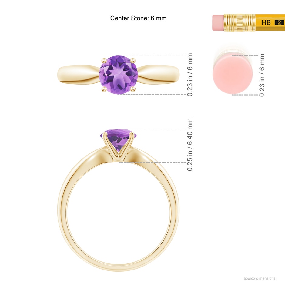 6mm A Solitaire Round Amethyst Tapered Shank Ring in Yellow Gold ruler