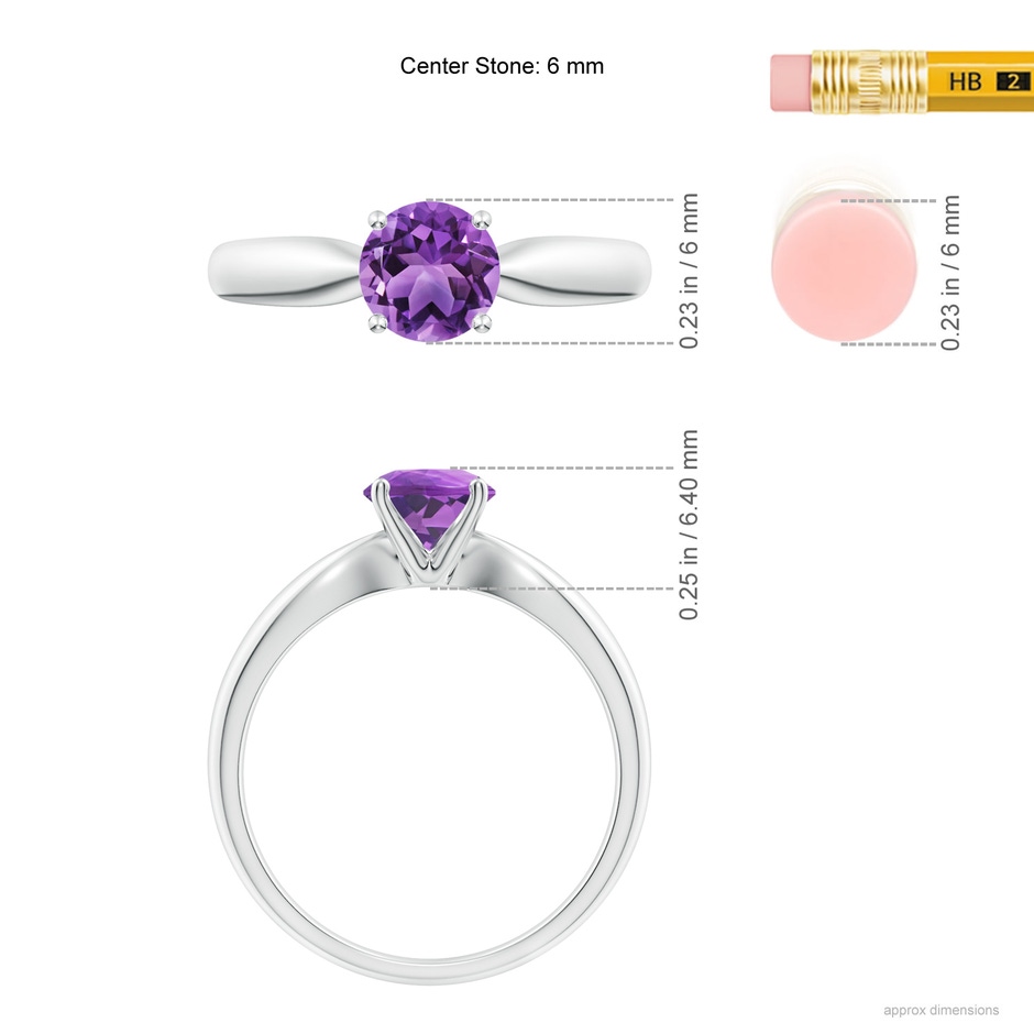 6mm AA Solitaire Round Amethyst Tapered Shank Ring in White Gold ruler