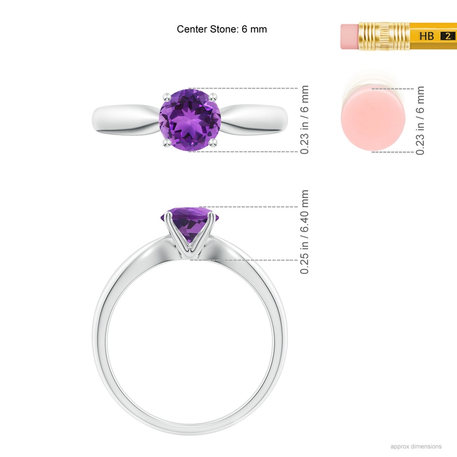 6mm AAA Solitaire Round Amethyst Tapered Shank Ring in P950 Platinum ruler