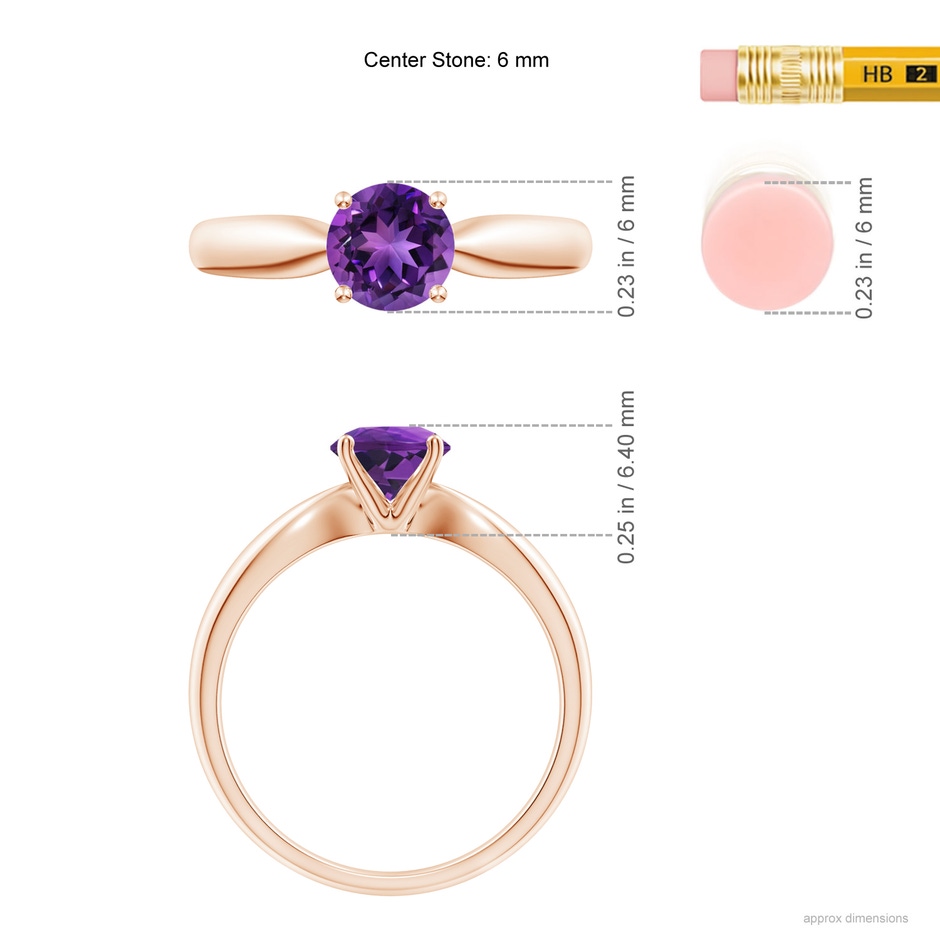 6mm AAAA Solitaire Round Amethyst Tapered Shank Ring in Rose Gold ruler