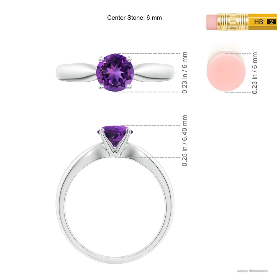 6mm AAAA Solitaire Round Amethyst Tapered Shank Ring in White Gold ruler