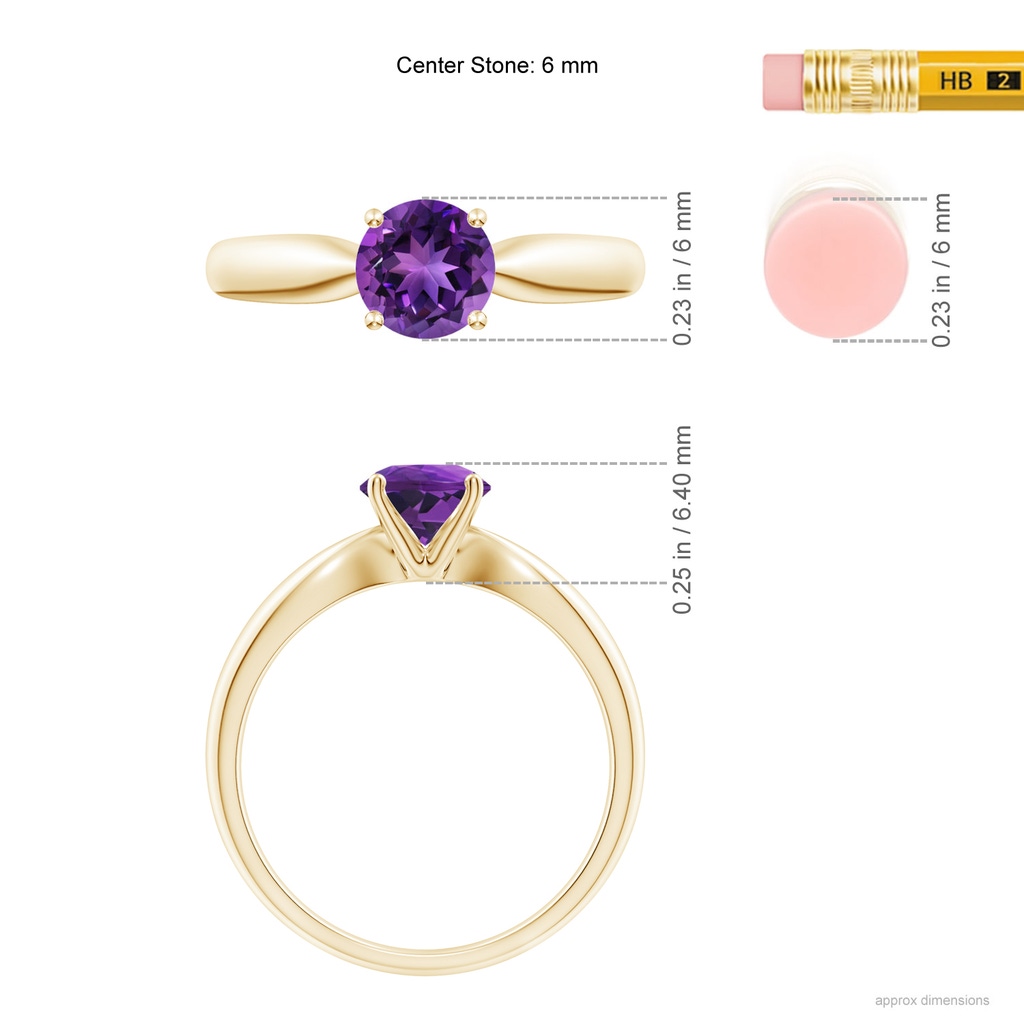 6mm AAAA Solitaire Round Amethyst Tapered Shank Ring in Yellow Gold Ruler