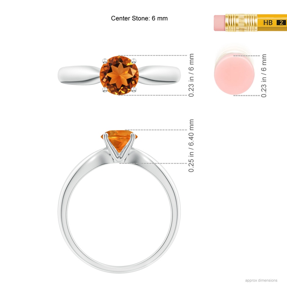 6mm AAAA Solitaire Round Citrine Tapered Shank Ring in White Gold ruler