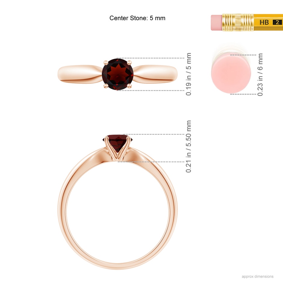 5mm AA Solitaire Round Garnet Tapered Shank Ring in Rose Gold ruler
