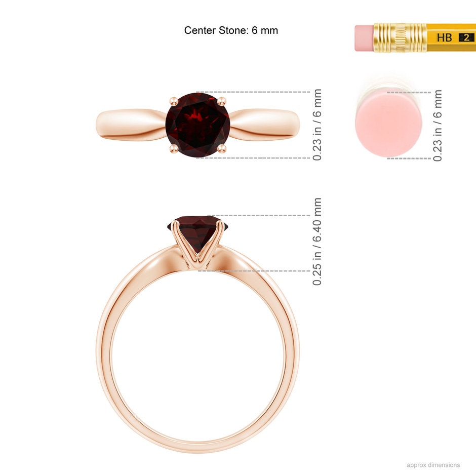 6mm A Solitaire Round Garnet Tapered Shank Ring in Rose Gold ruler