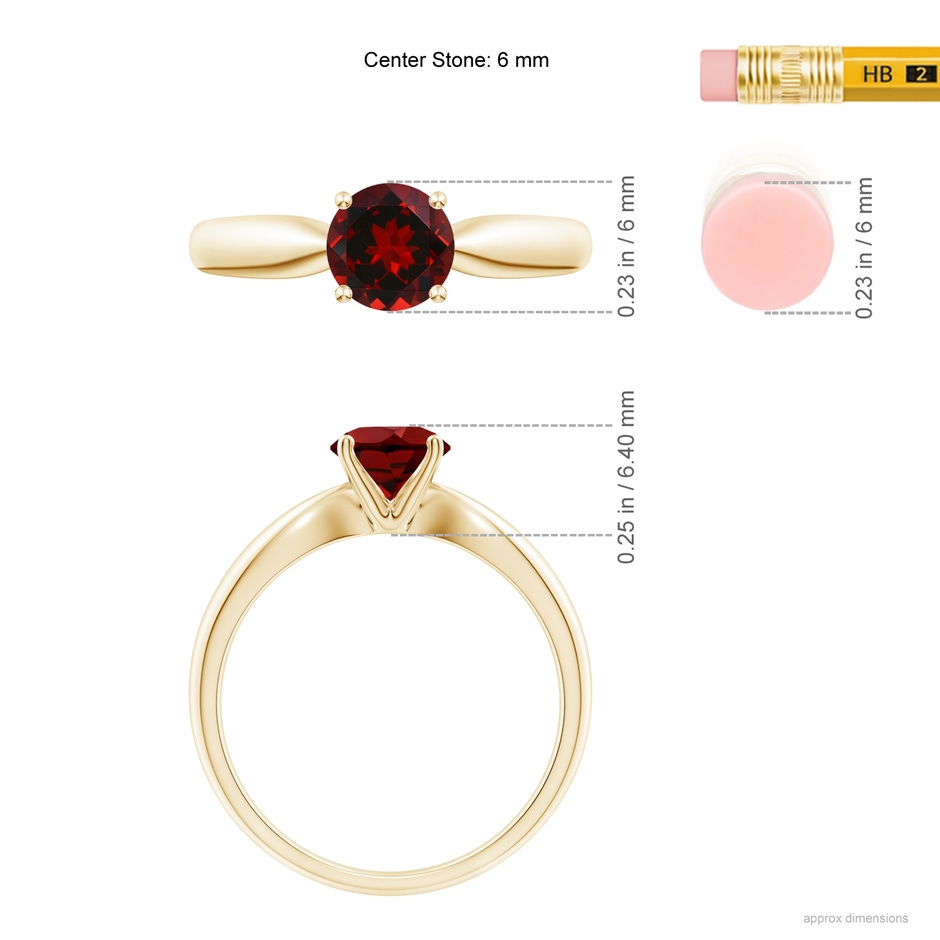 6mm AAAA Solitaire Round Garnet Tapered Shank Ring in Yellow Gold Ruler