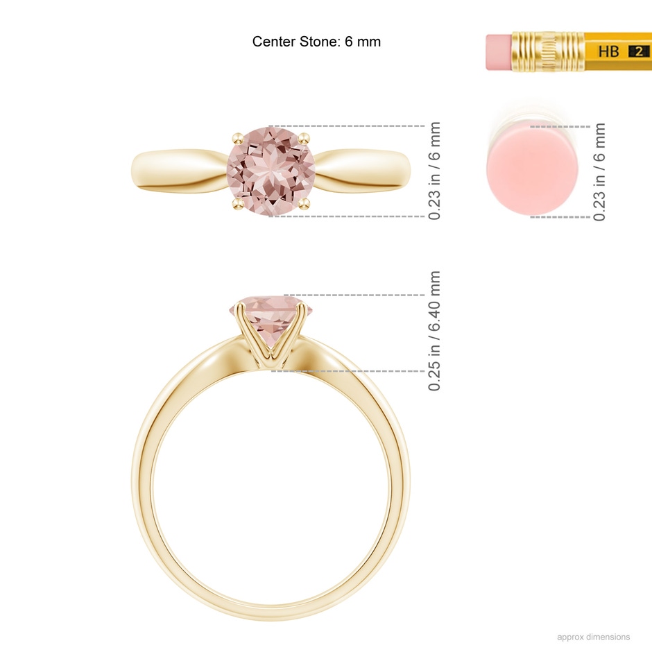 6mm AAAA Solitaire Round Morganite Tapered Shank Ring in Yellow Gold ruler