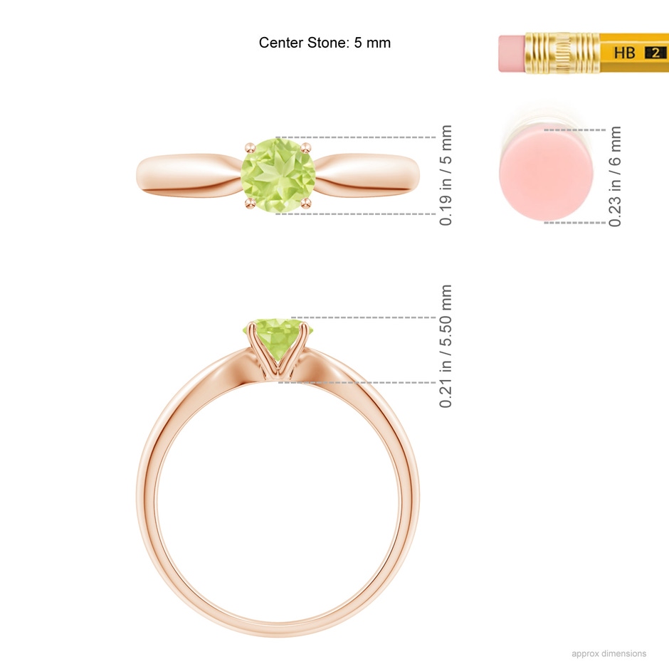 5mm A Solitaire Round Peridot Tapered Shank Ring in Rose Gold ruler