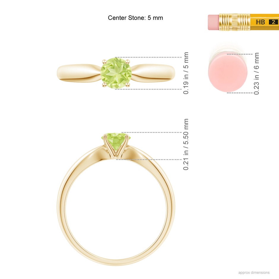 5mm A Solitaire Round Peridot Tapered Shank Ring in Yellow Gold ruler