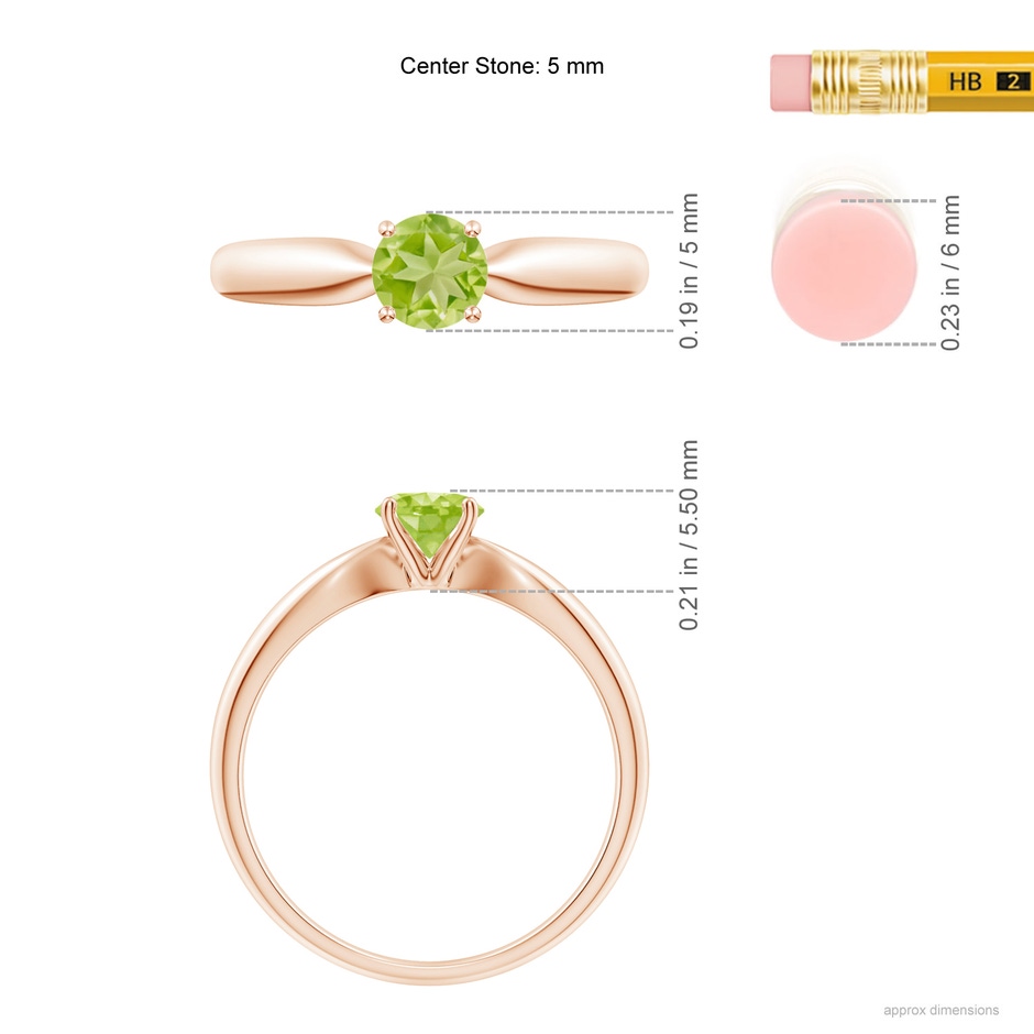 5mm AA Solitaire Round Peridot Tapered Shank Ring in Rose Gold ruler