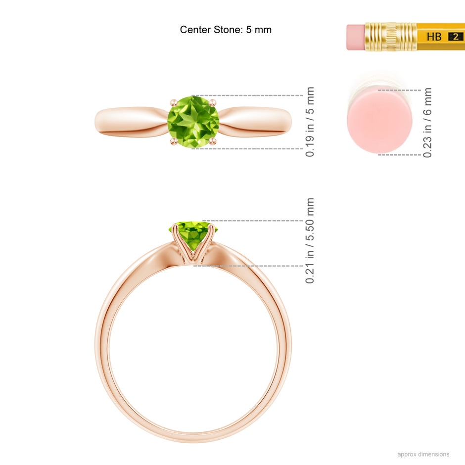 5mm AAA Solitaire Round Peridot Tapered Shank Ring in Rose Gold ruler