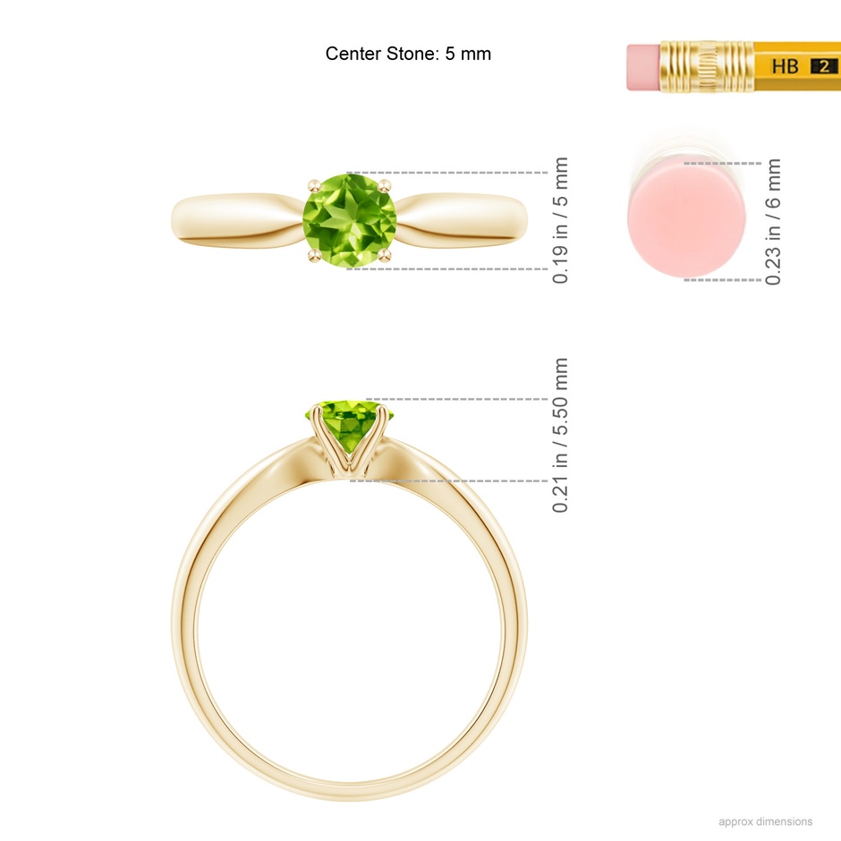 5mm AAA Solitaire Round Peridot Tapered Shank Ring in Yellow Gold ruler