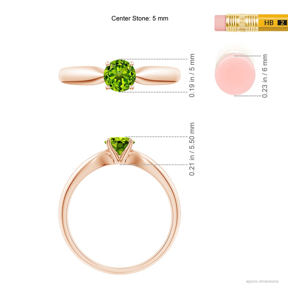 5mm AAAA Solitaire Round Peridot Tapered Shank Ring in Rose Gold ruler