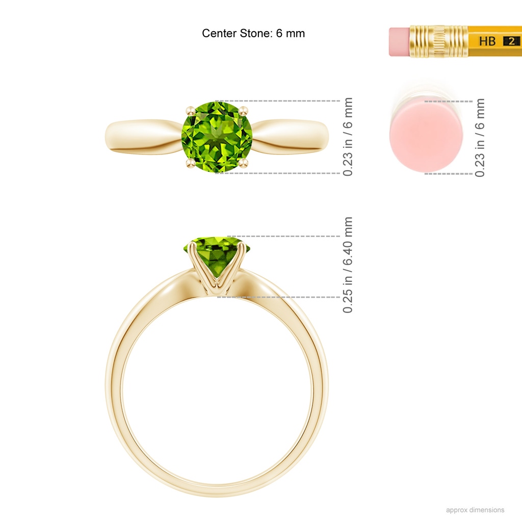 6mm AAAA Solitaire Round Peridot Tapered Shank Ring in Yellow Gold Ruler