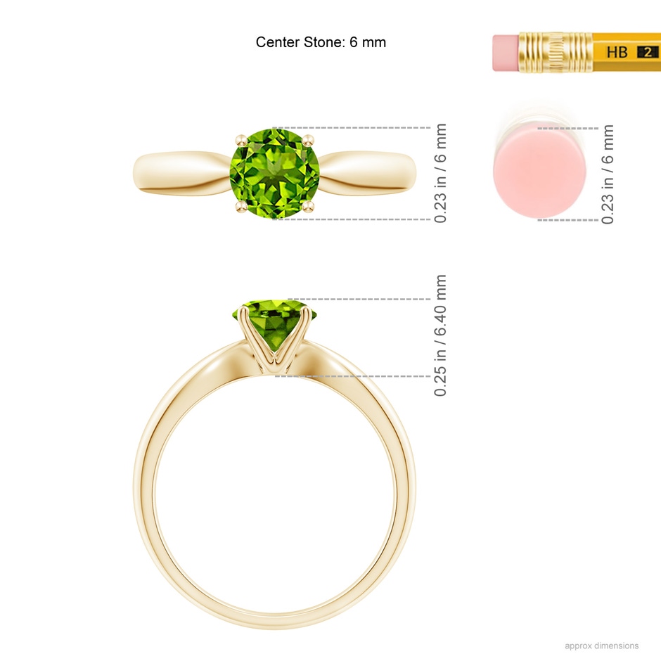 6mm AAAA Solitaire Round Peridot Tapered Shank Ring in Yellow Gold ruler