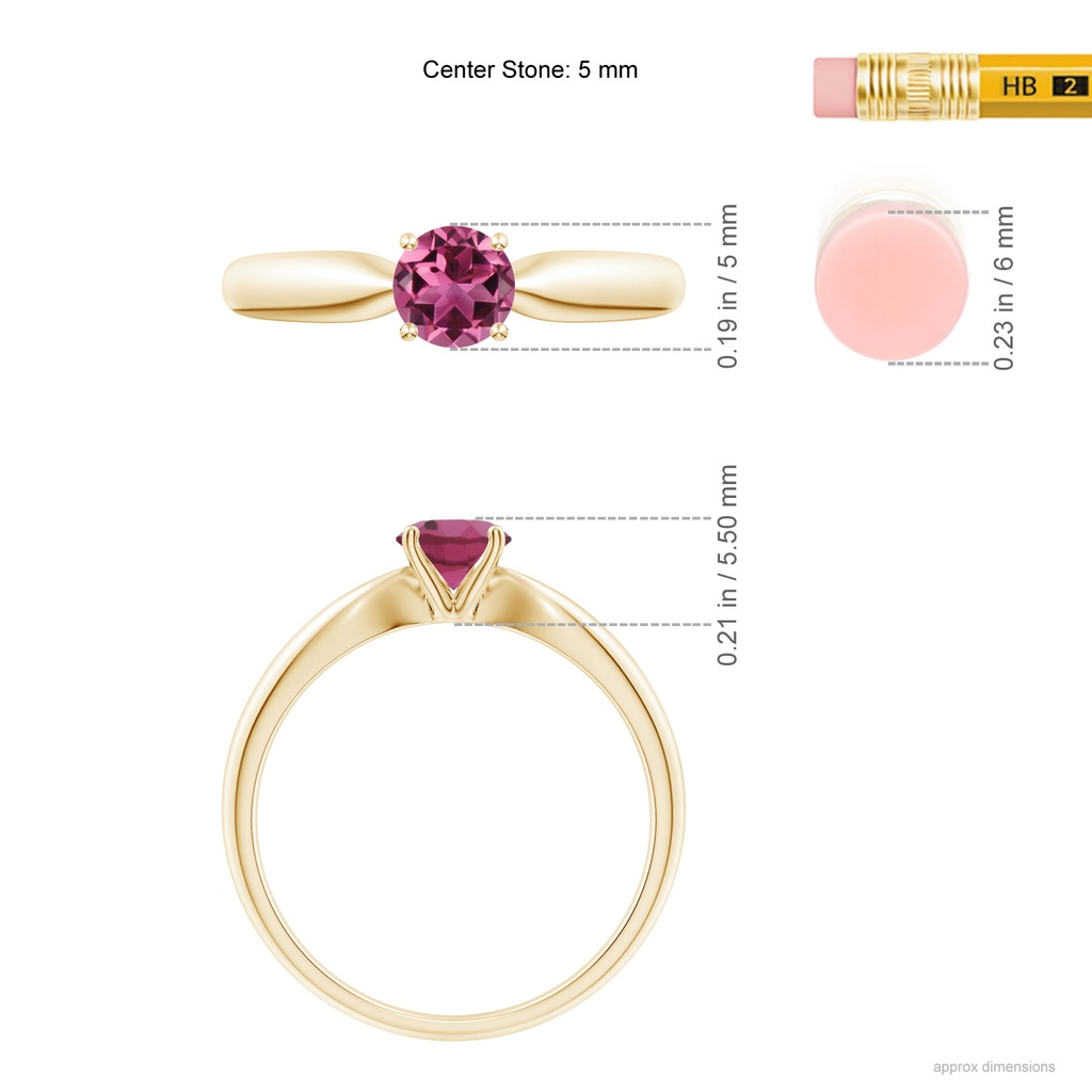 5mm AAAA Solitaire Round Pink Tourmaline Tapered Shank Ring in 10K Yellow Gold Ruler