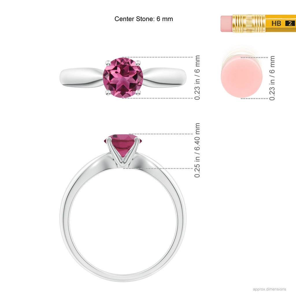 6mm AAAA Solitaire Round Pink Tourmaline Tapered Shank Ring in White Gold Ruler