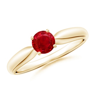 5mm AAA Solitaire Round Ruby Tapered Shank Ring in Yellow Gold