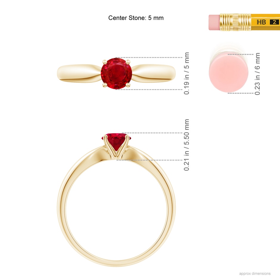 5mm AAA Solitaire Round Ruby Tapered Shank Ring in Yellow Gold ruler