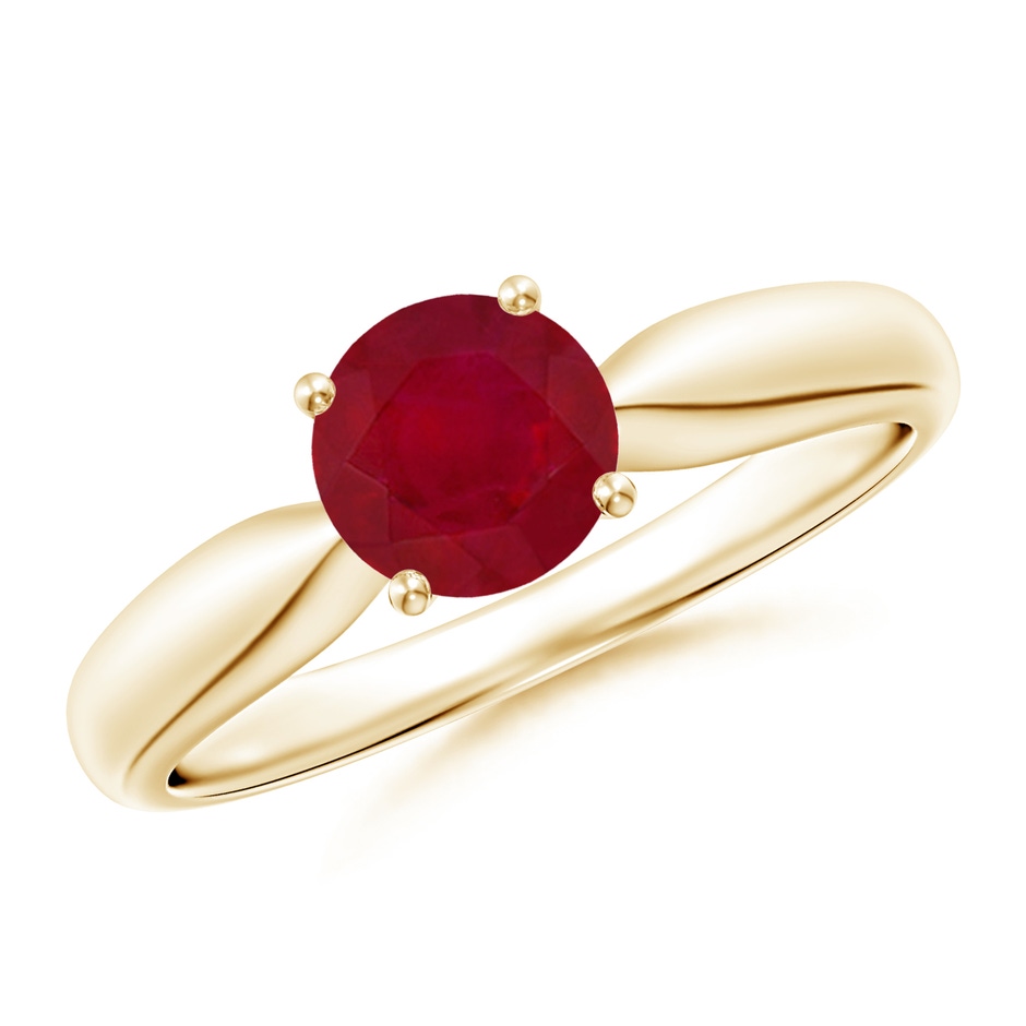 6mm AA Solitaire Round Ruby Tapered Shank Ring in Yellow Gold 