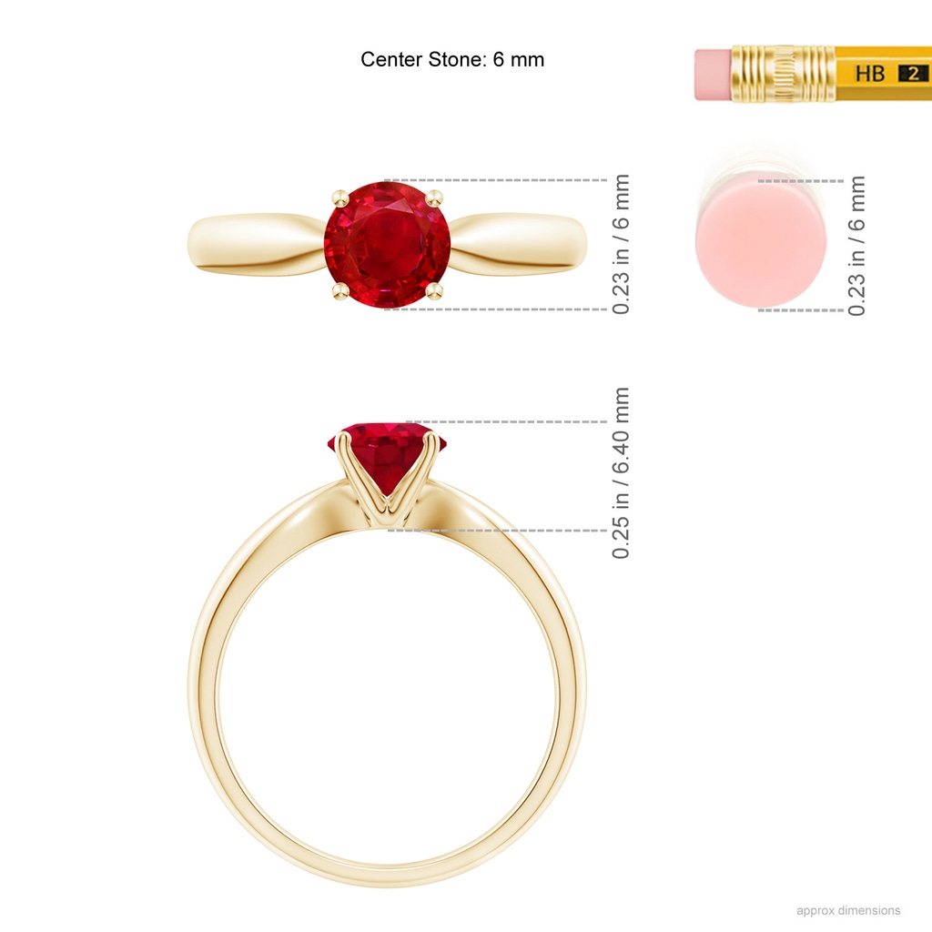 6mm AAA Solitaire Round Ruby Tapered Shank Ring in Yellow Gold Ruler