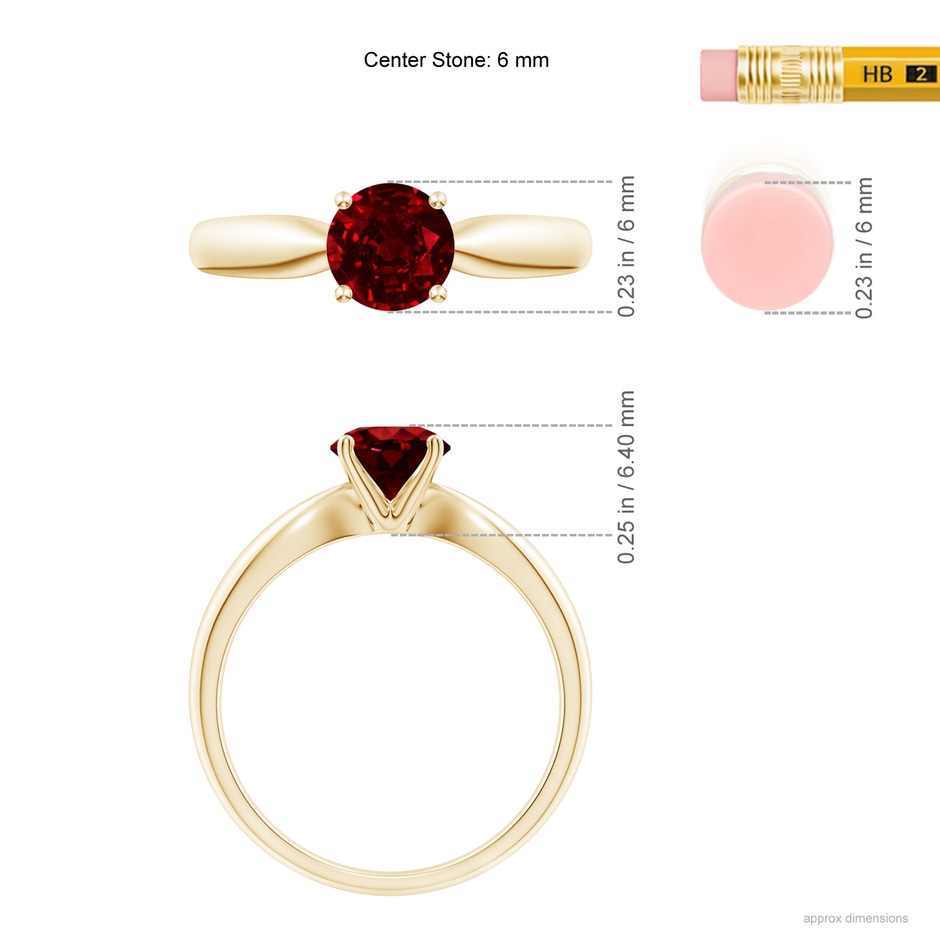 6mm Lab-Grown Solitaire Round Ruby Tapered Shank Ring in Yellow Gold ruler