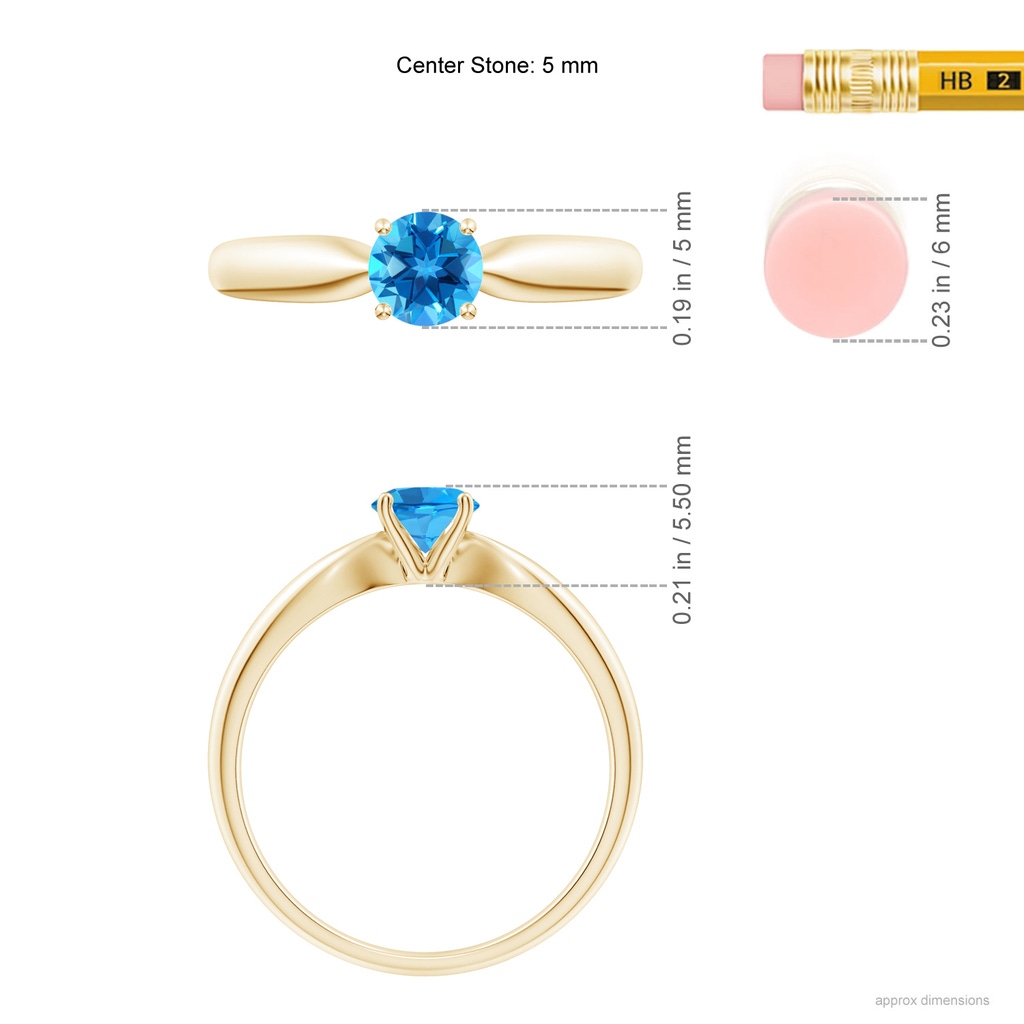 5mm AAAA Solitaire Round Swiss Blue Topaz Tapered Shank Ring in Yellow Gold Ruler