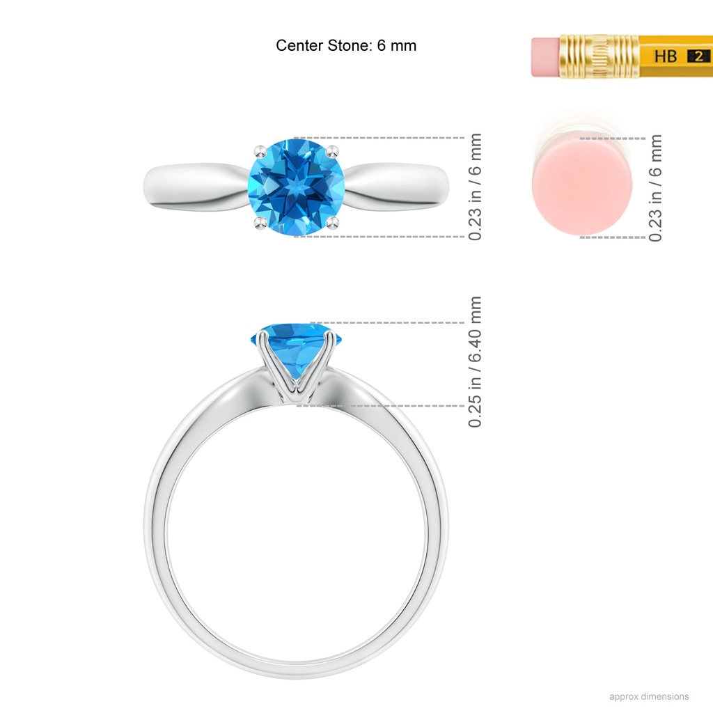 6mm AAAA Solitaire Round Swiss Blue Topaz Tapered Shank Ring in White Gold Ruler