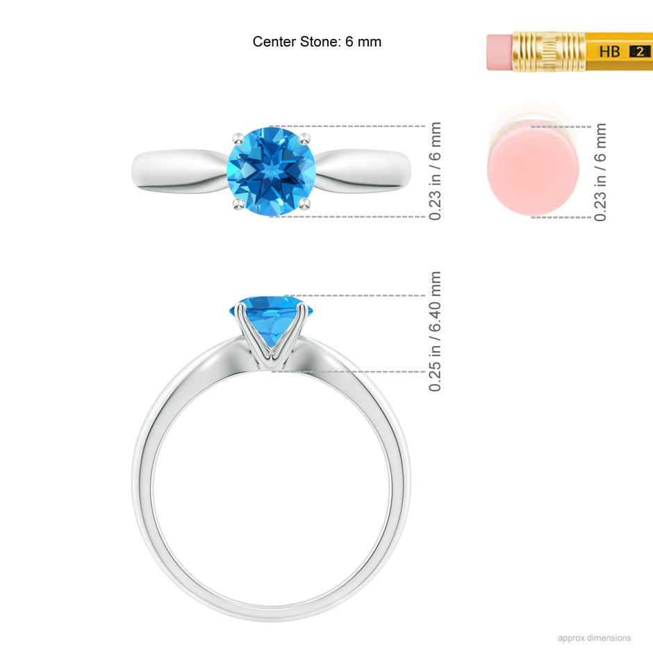 6mm AAAA Solitaire Round Swiss Blue Topaz Tapered Shank Ring in White Gold ruler