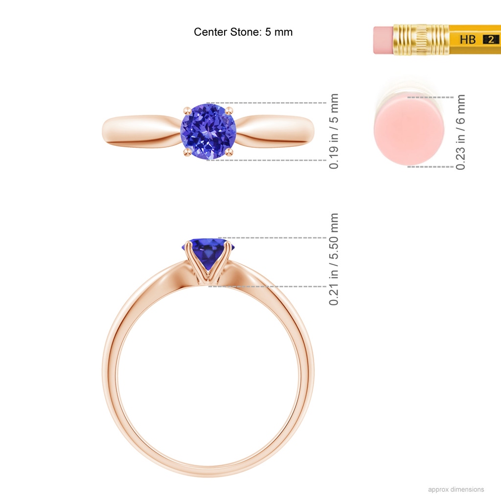5mm AAAA Solitaire Round Tanzanite Tapered Shank Ring in Rose Gold Ruler