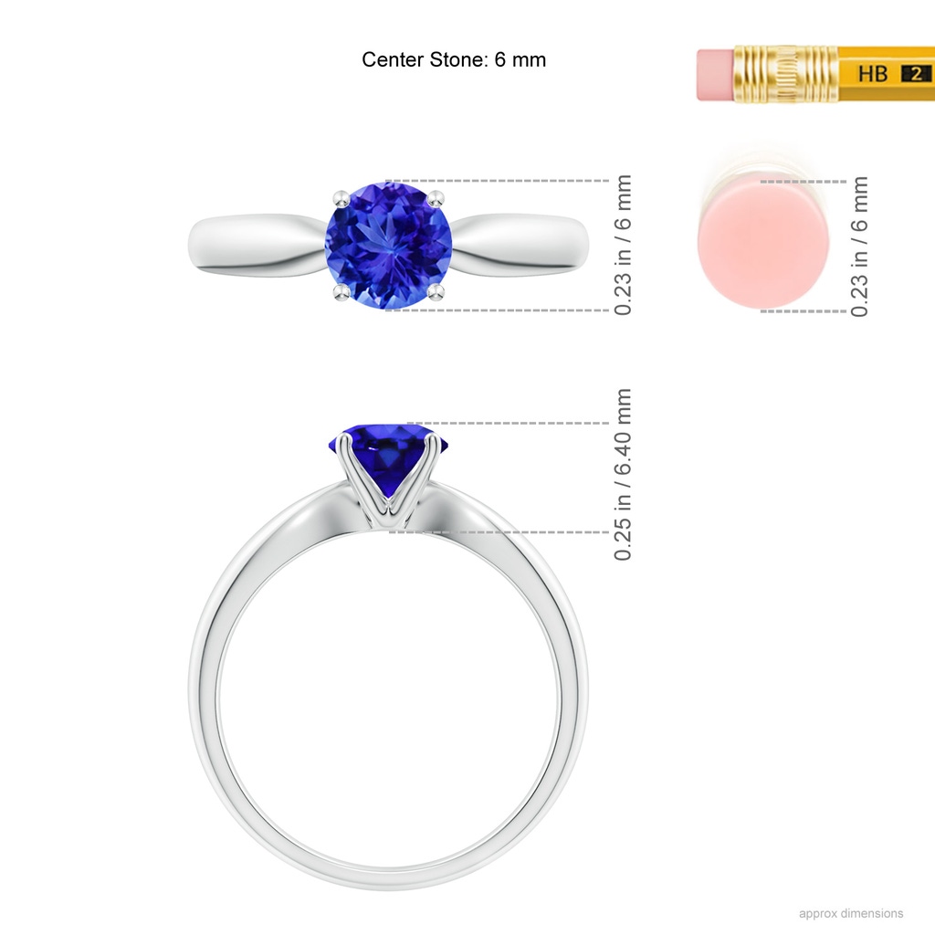 6mm AAA Solitaire Round Tanzanite Tapered Shank Ring in White Gold Ruler