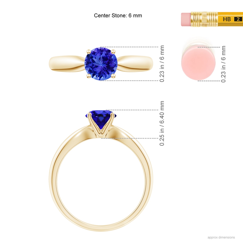 6mm AAA Solitaire Round Tanzanite Tapered Shank Ring in Yellow Gold Ruler