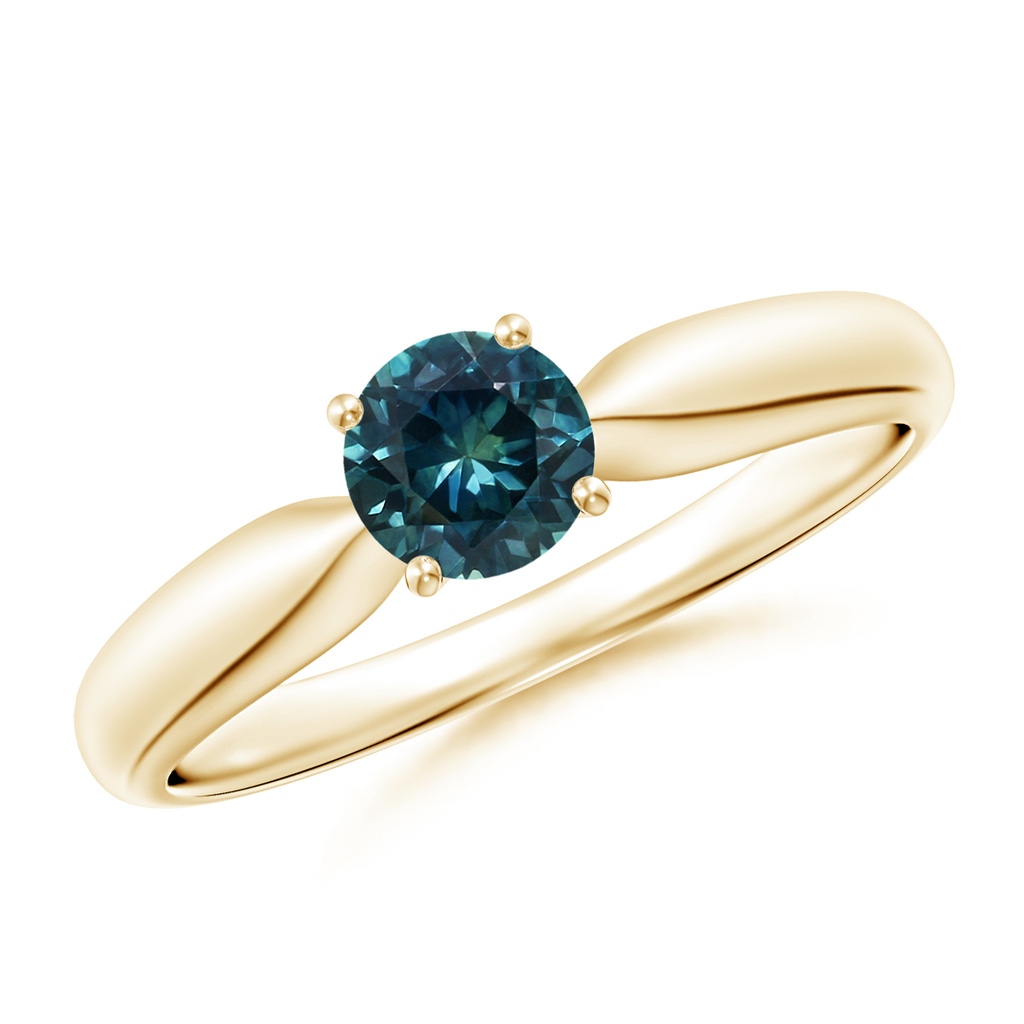 5mm AAA Solitaire Round Teal Montana Sapphire Tapered Shank Ring in Yellow Gold