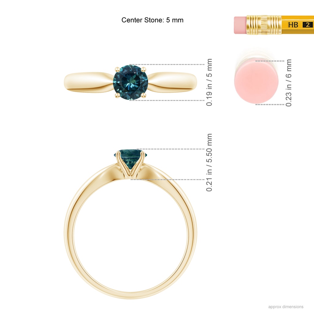 5mm AAA Solitaire Round Teal Montana Sapphire Tapered Shank Ring in Yellow Gold Ruler