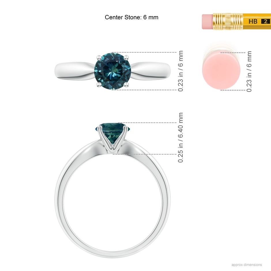 6mm AAA Solitaire Round Teal Montana Sapphire Tapered Shank Ring in P950 Platinum ruler