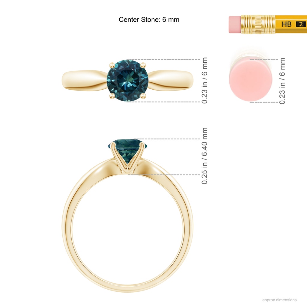 6mm AAA Solitaire Round Teal Montana Sapphire Tapered Shank Ring in Yellow Gold Ruler