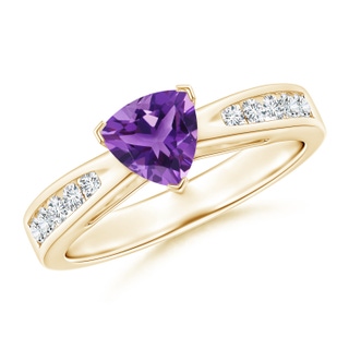 6mm AAA Trillion Amethyst Solitaire Ring with Diamond Accents in Yellow Gold