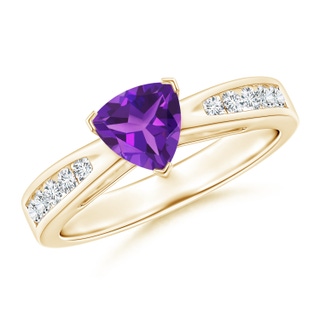 6mm AAAA Trillion Amethyst Solitaire Ring with Diamond Accents in 9K Yellow Gold