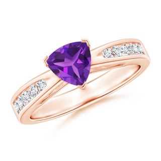 6mm AAAA Trillion Amethyst Solitaire Ring with Diamond Accents in Rose Gold