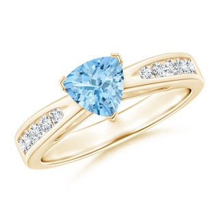 6mm AAAA Trillion Aquamarine Solitaire Ring with Diamond Accents in Yellow Gold
