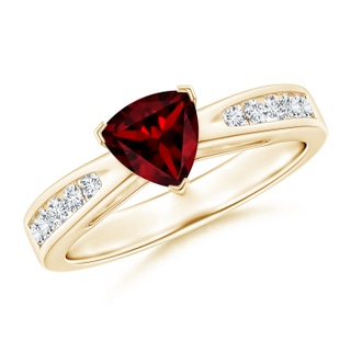 6mm AAAA Trillion Garnet Solitaire Ring with Diamond Accents in Yellow Gold