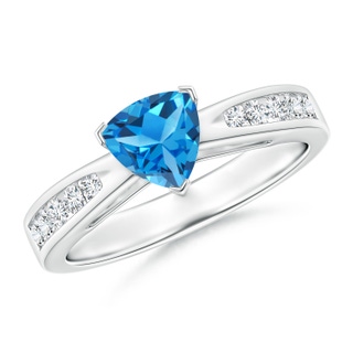 6mm AAAA Trillion Swiss Blue Topaz and Diamond Cathedral Ring in White Gold