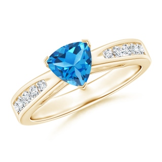 6mm AAAA Trillion Swiss Blue Topaz and Diamond Cathedral Ring in Yellow Gold