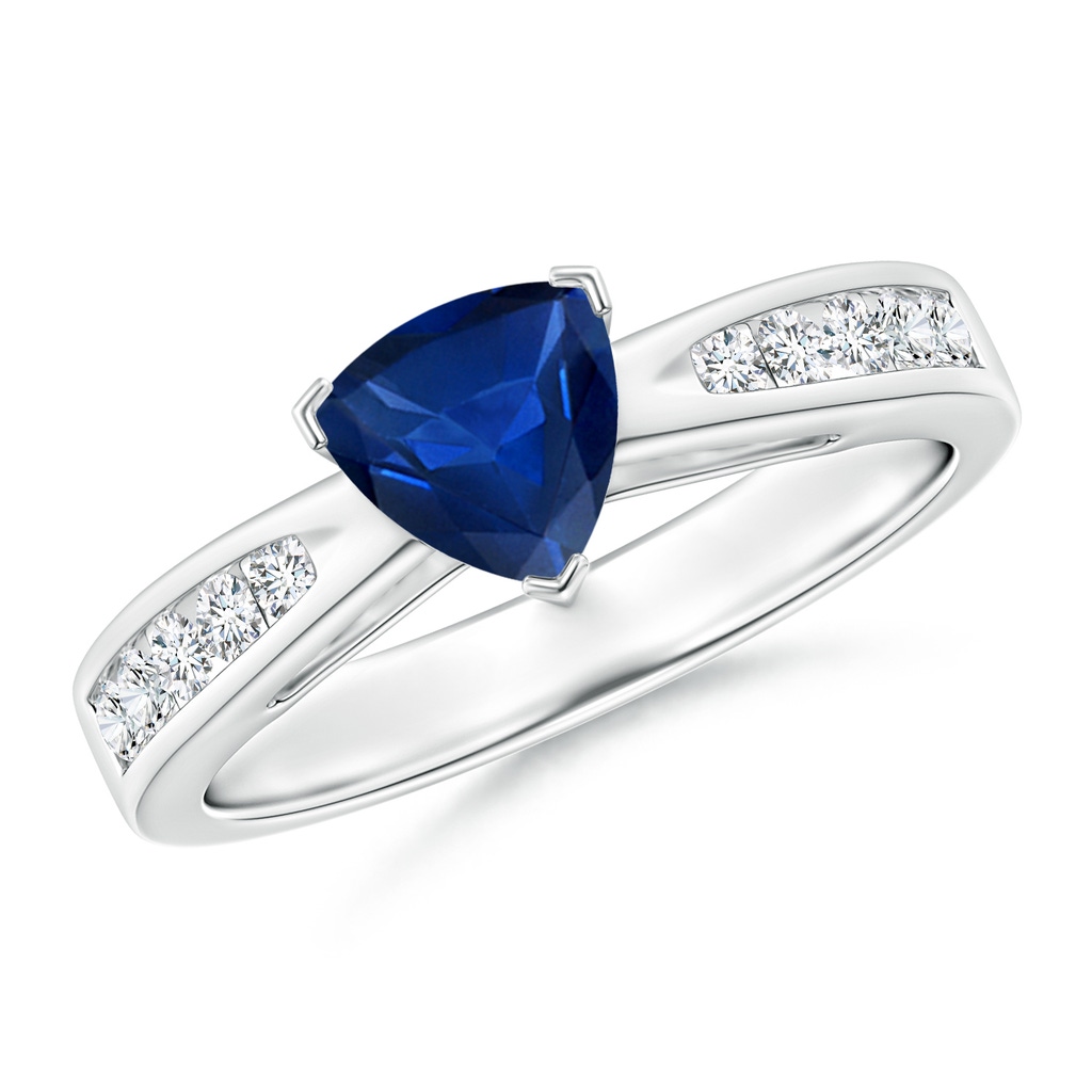 6mm AAA Trillion Blue Sapphire Solitaire Ring with Diamond Accents in White Gold