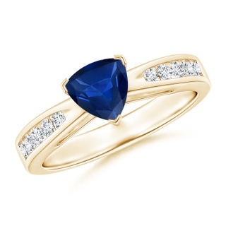 6mm AAA Trillion Blue Sapphire Solitaire Ring with Diamond Accents in Yellow Gold